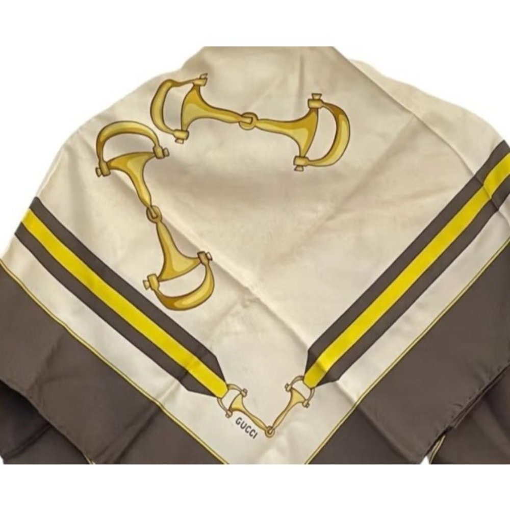 LA-Vintage Gucci Brown and Gold Equestrian Print 35" Square 100 % Silk Scarf